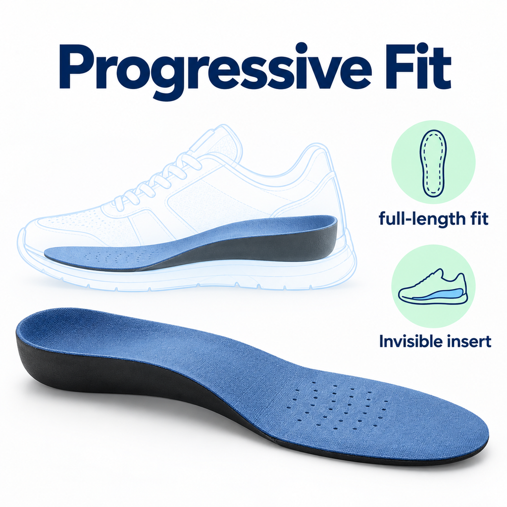 Blue full length orthotic insole with progressive fit and invisible shoe insert design