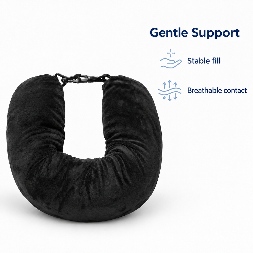Fillable Travel Neck Pillow for Flights and Car Trips - Gentle Support stable fill breathable contact visual