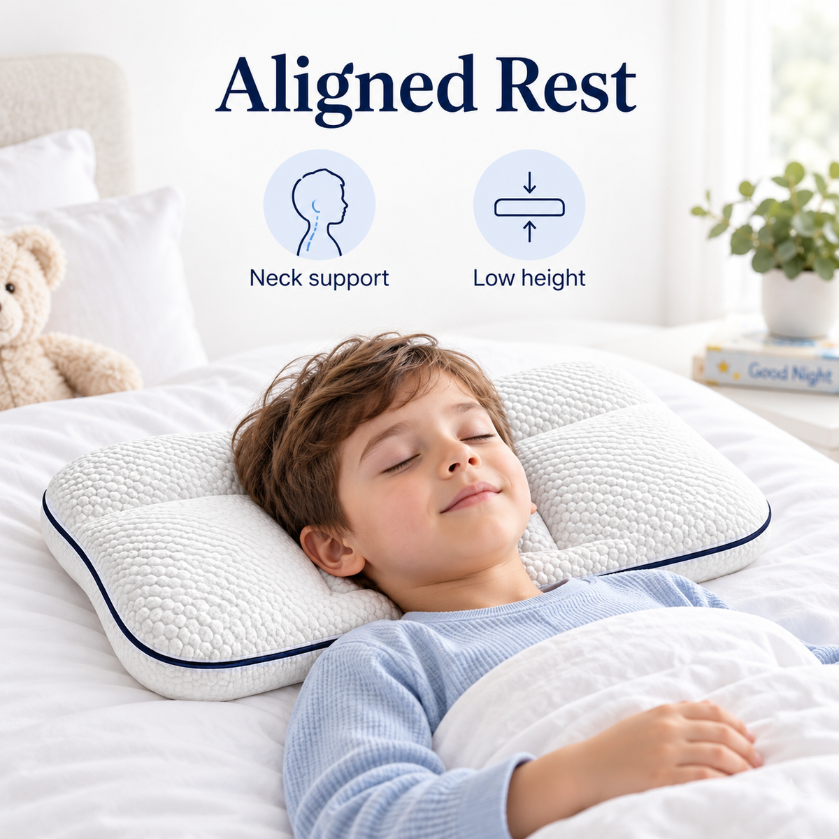 White cervical pillow for children used for aligned rest with neck support and low height icons