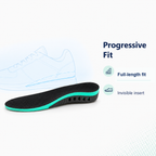 Shock absorbing insoles with progressive full-length fit and invisible insert