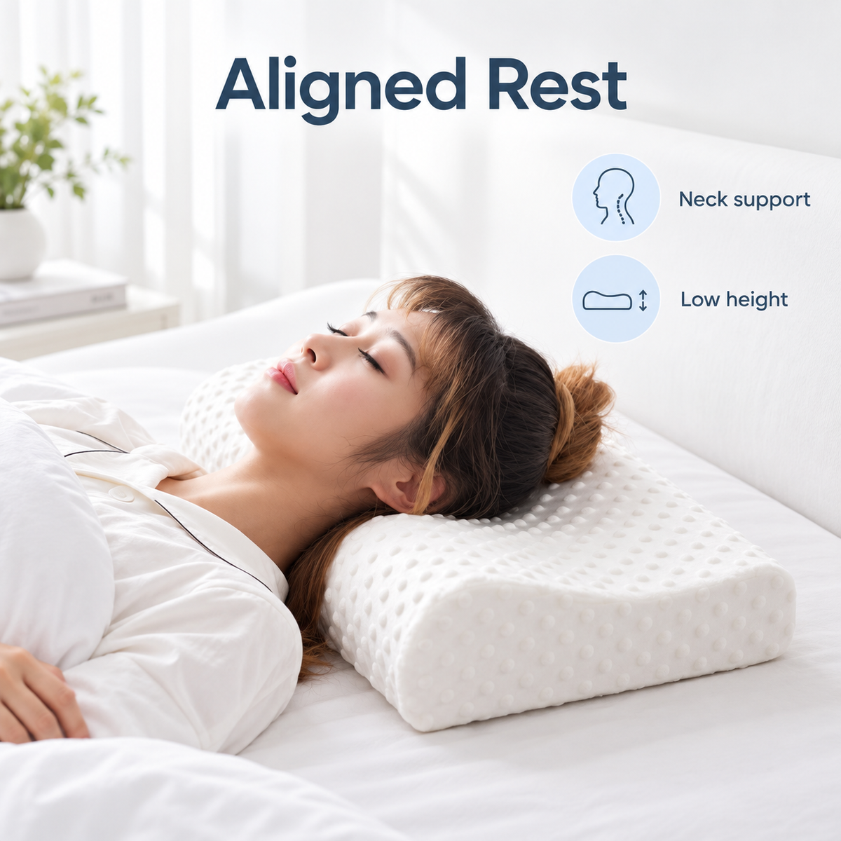 White cervical pillow used for aligned rest with neck support and low height icons