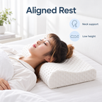 White cervical pillow used for aligned rest with neck support and low height icons