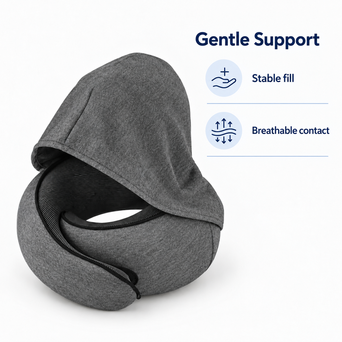 Hooded Memory Foam Travel Pillow for Flights - Gentle Support stable fill breathable contact visual