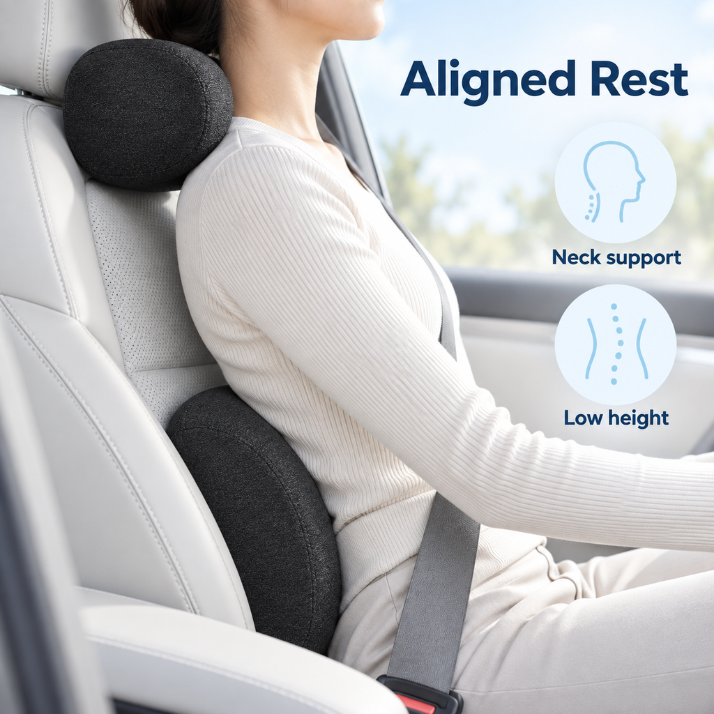 Black car neck and lumbar support pillow set for aligned rest and low height comfort