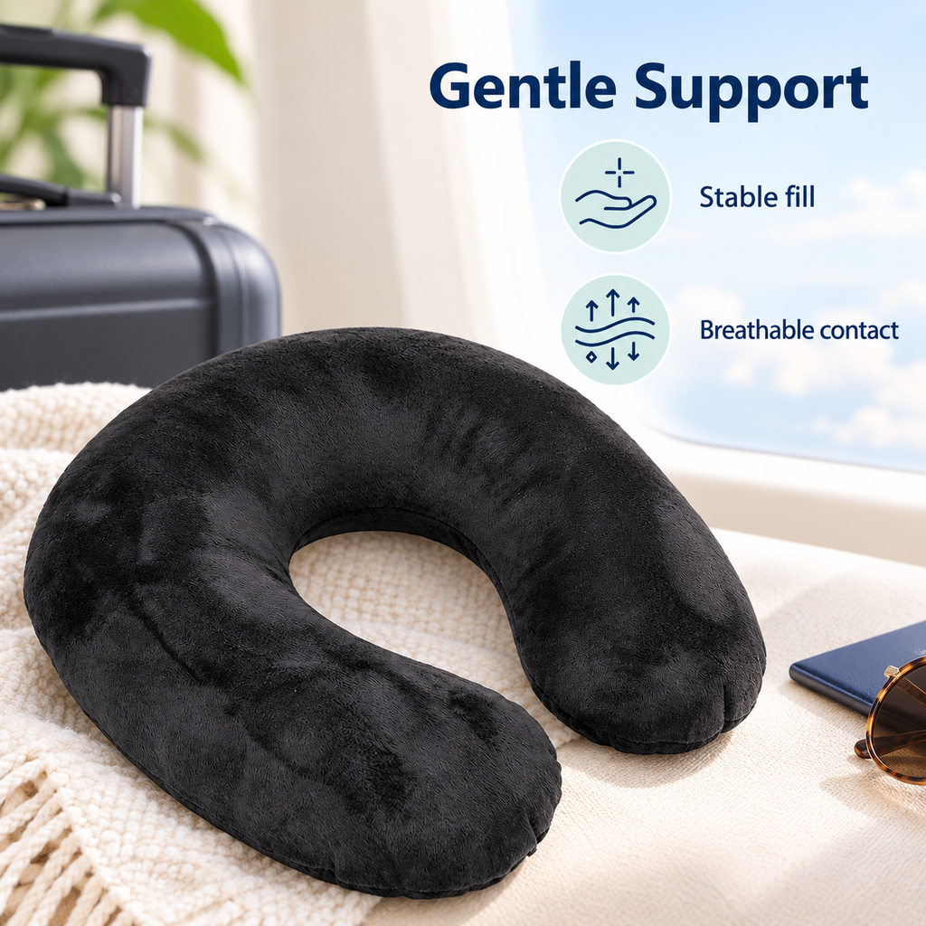 Inflatable Travel Neck Pillow with Soft Flocked Cover - Gentle Support stable fill breathable contact visual
