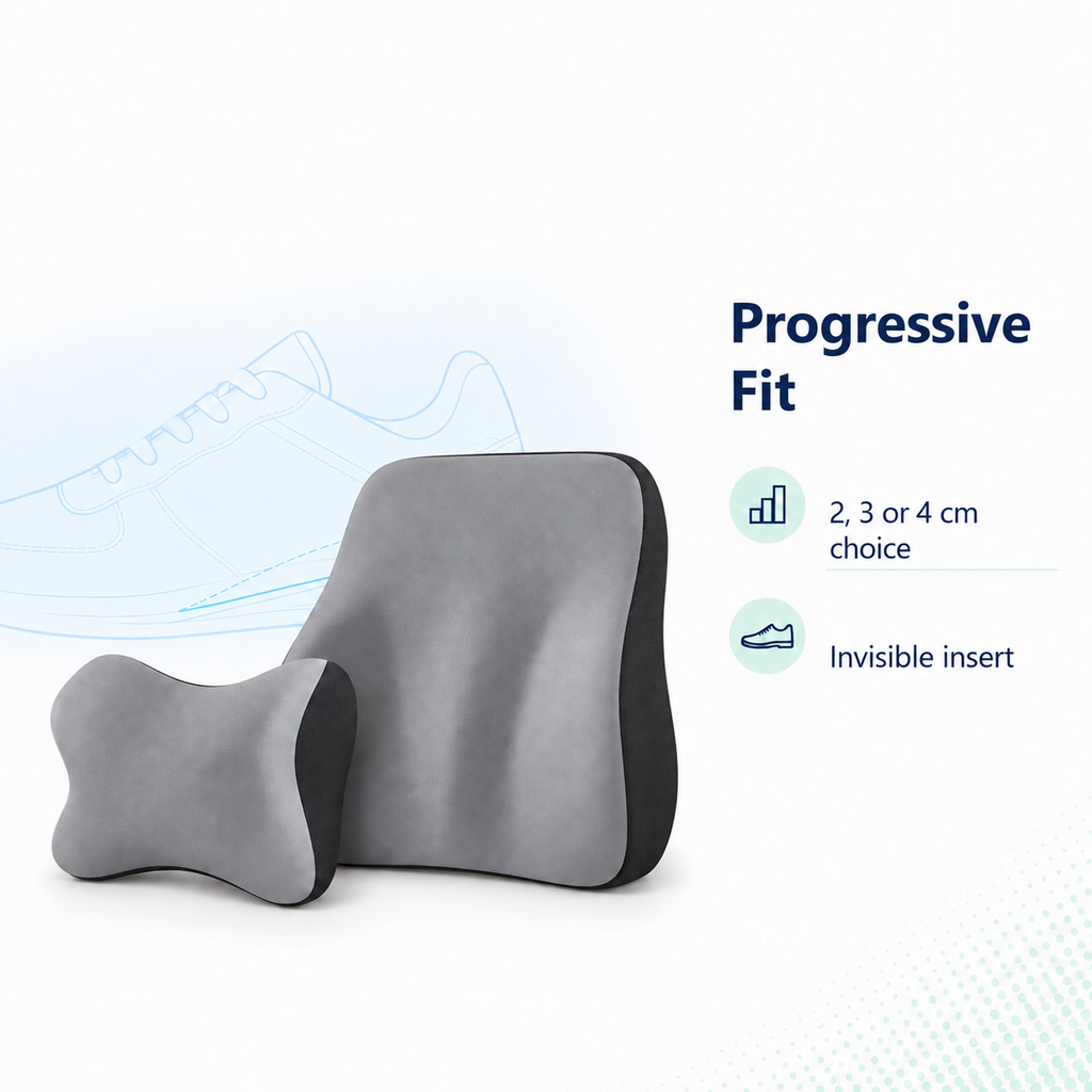 Grey car lumbar support cushion set with progressive fit and invisible insert benefits