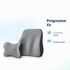 Grey car lumbar support cushion set with progressive fit and invisible insert benefits