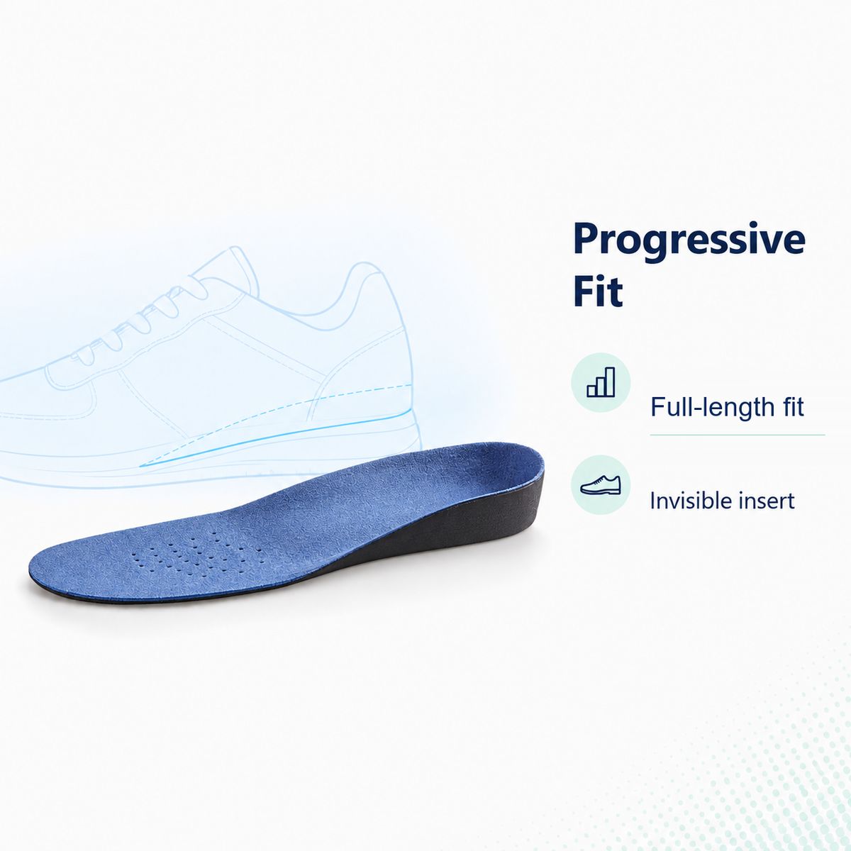 Orthopaedic arch support insoles with progressive full-length fit and invisible insert