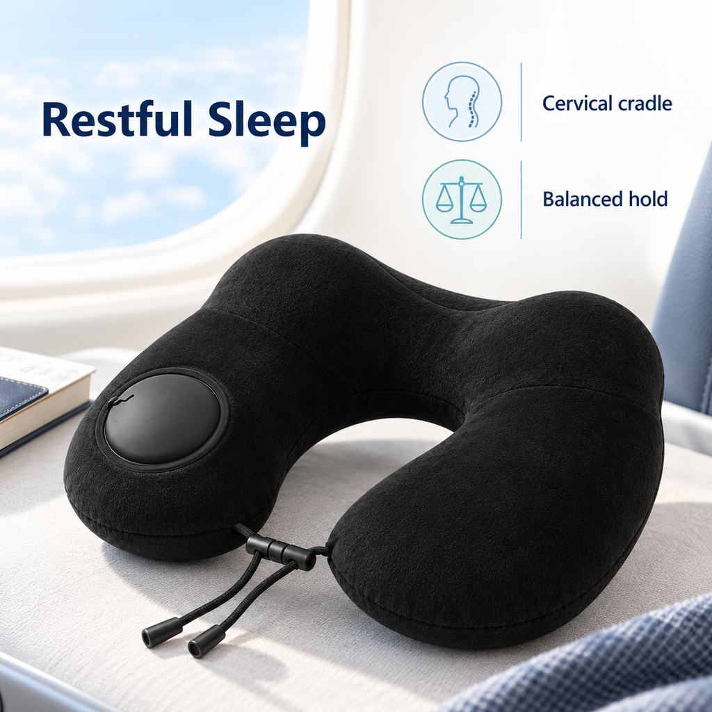 Inflatable U Shaped Travel Pillow for Portable Neck Support - Restful Sleep cervical cradle balanced hold visual