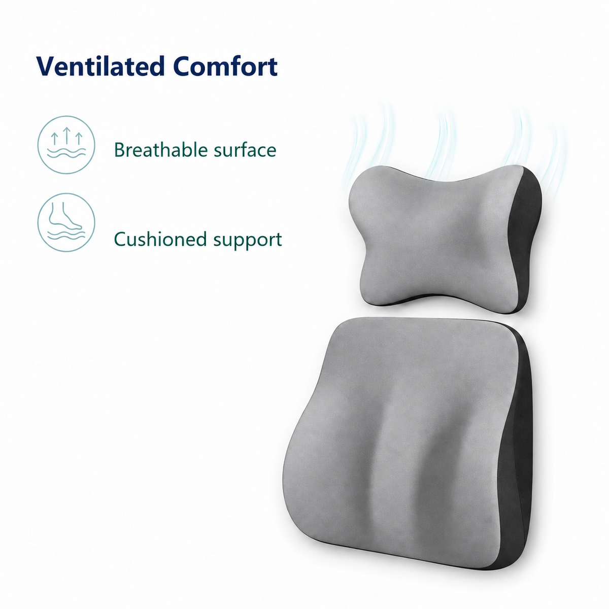 Grey car lumbar support cushion and neck pillow with ventilated comfort benefits