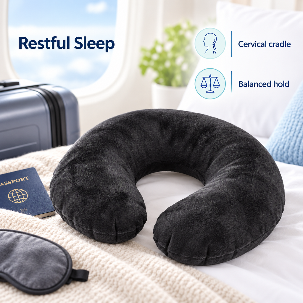 Inflatable Travel Neck Pillow with Soft Flocked Cover - Restful Sleep cervical cradle balanced hold visual