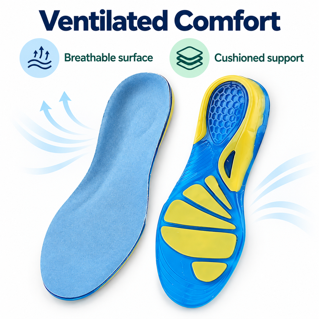 Blue gel insoles ventilated comfort with breathable surface and cushioned support