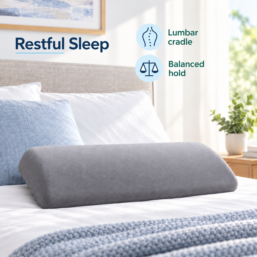 Lumbar support pillow with restful sleep benefit icons