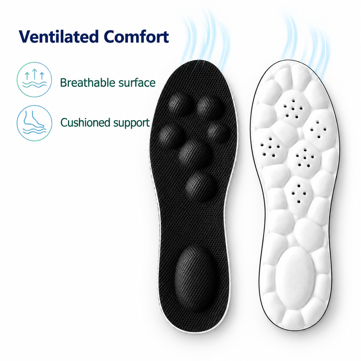 Black Upgrade breathable insoles with black mesh surface and white cushioned support underside