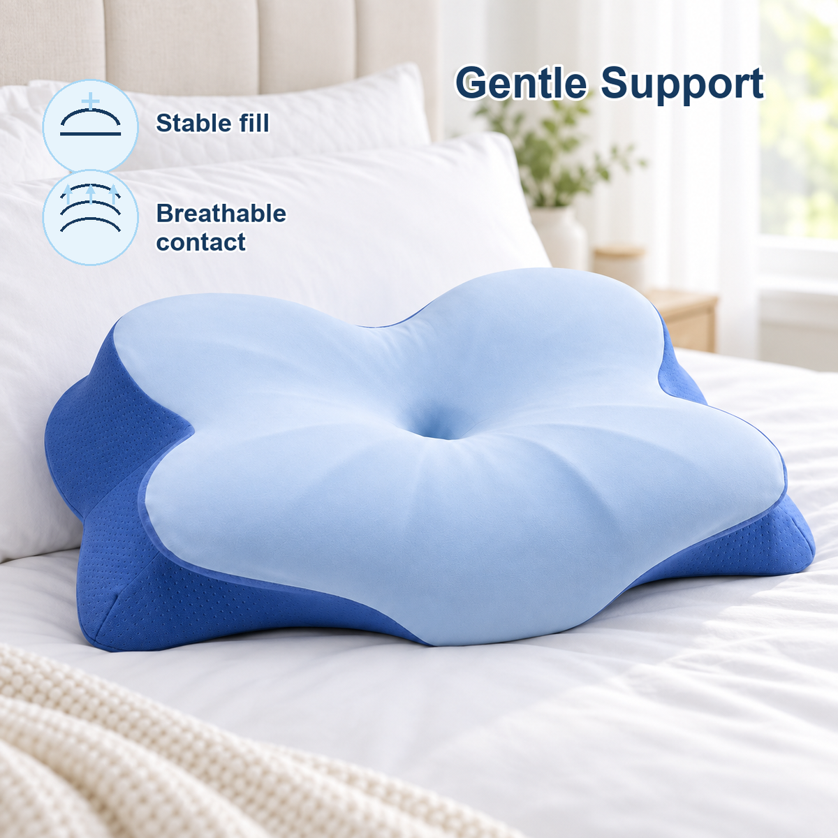 Blue cervical support pillow on bed with stable fill and breathable contact surface