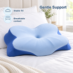 Blue cervical support pillow on bed with stable fill and breathable contact surface