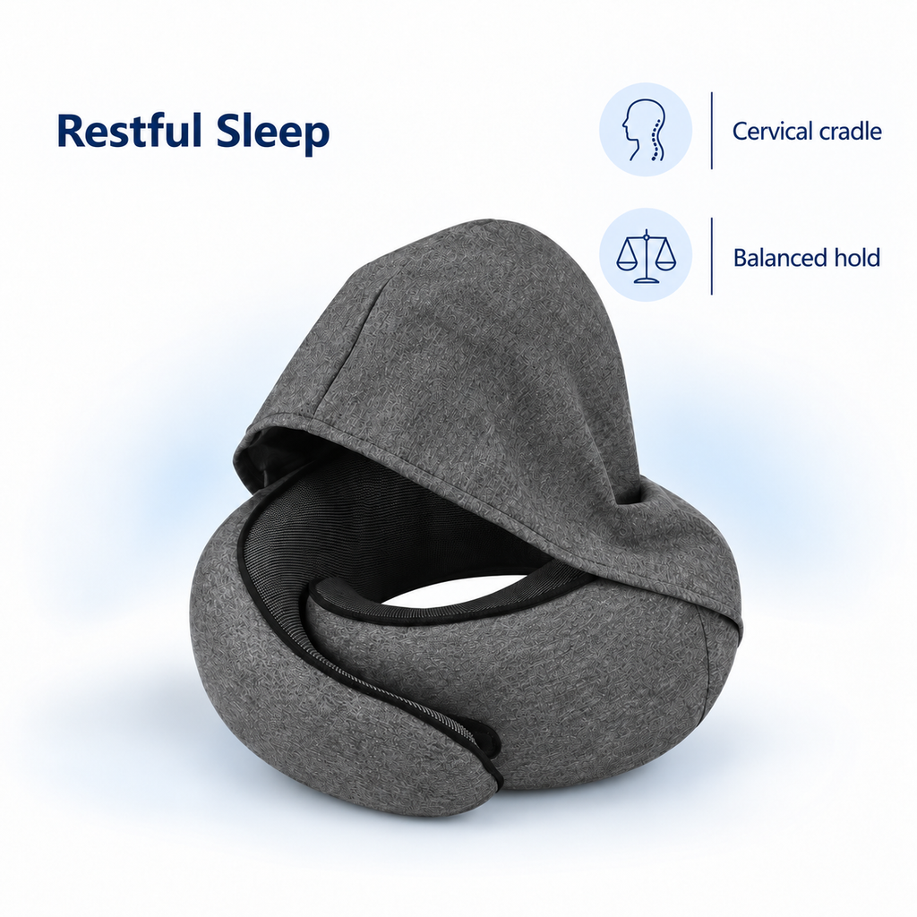 Hooded Memory Foam Travel Pillow for Flights - Restful Sleep cervical cradle balanced hold visual