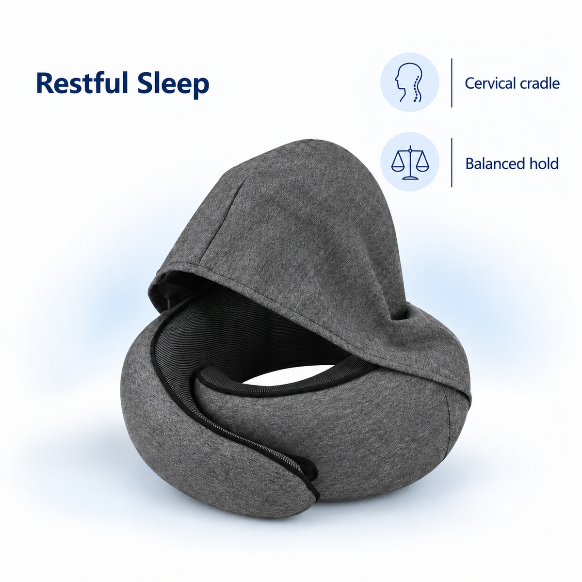 Hooded Memory Foam Travel Pillow for Flights - Restful Sleep cervical cradle balanced hold visual