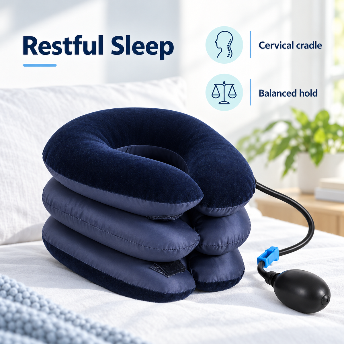 Inflatable Neck Traction Collar for Cervical Support - Restful Sleep cervical cradle balanced hold visual