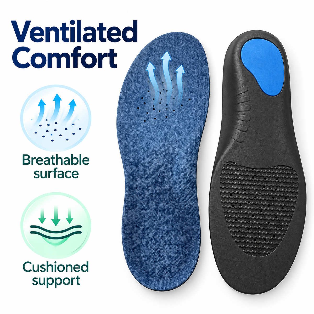 Blue orthotic insoles with breathable surface, forefoot holes and cushioned support