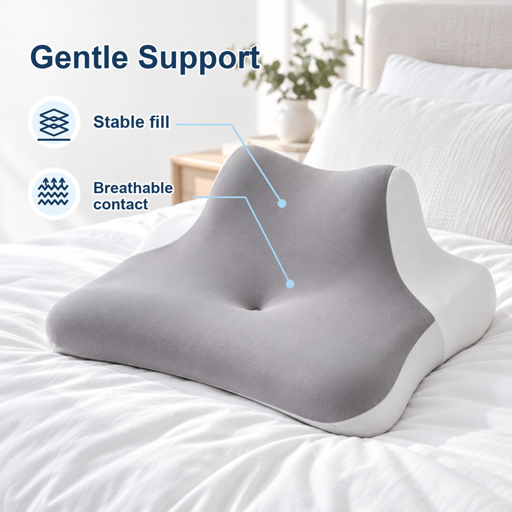 Grey cervical pillow on bed with gentle support, stable fill and breathable contact icons
