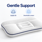 White children cervical pillow on bed with gentle support, stable fill and breathable contact icons