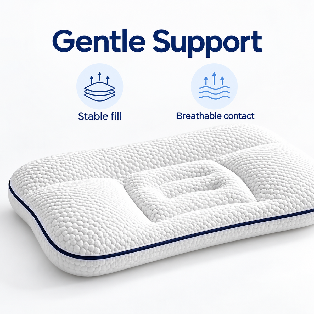 White children cervical pillow on bed with gentle support, stable fill and breathable contact icons