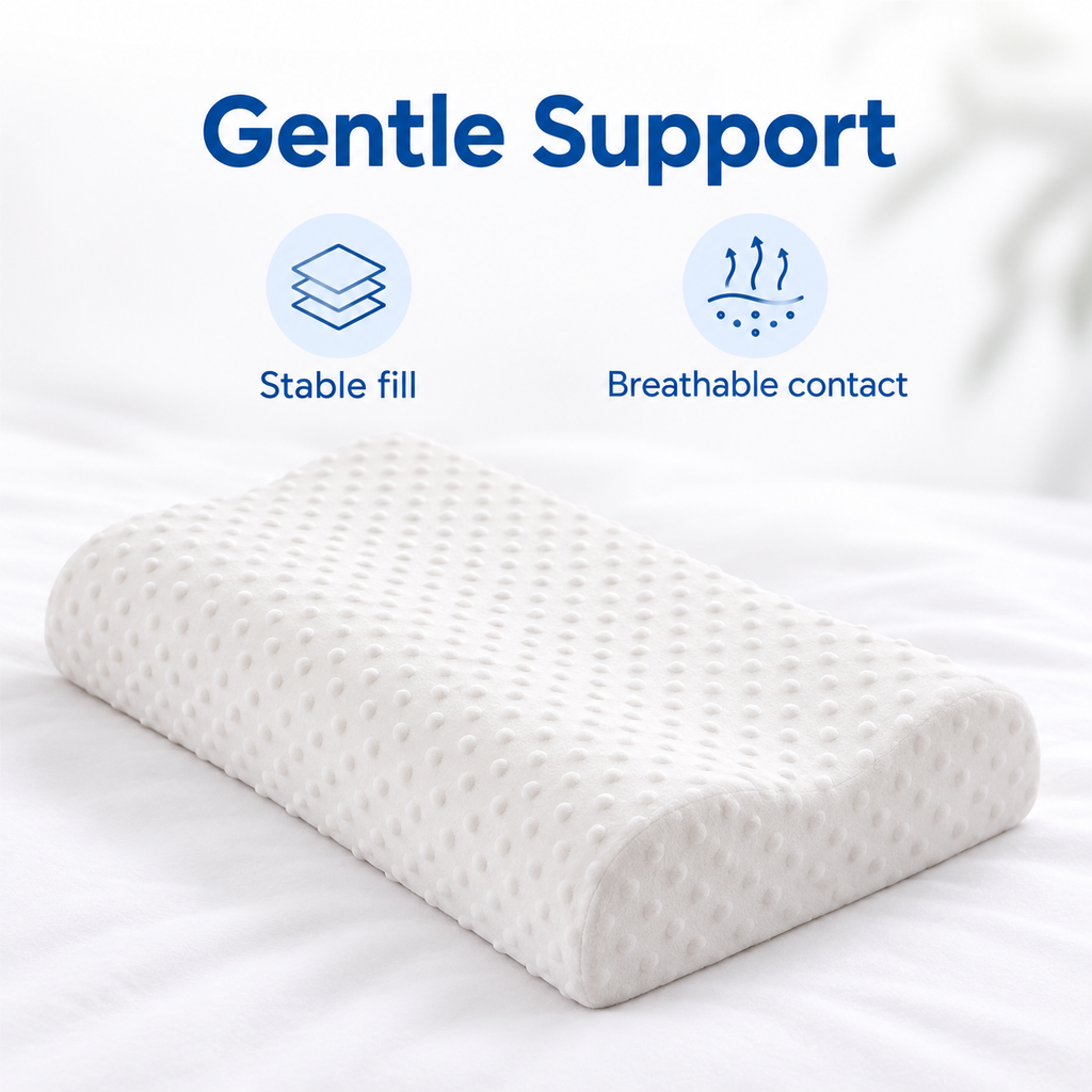 White cervical pillow on bed with gentle support, stable fill and breathable contact icons