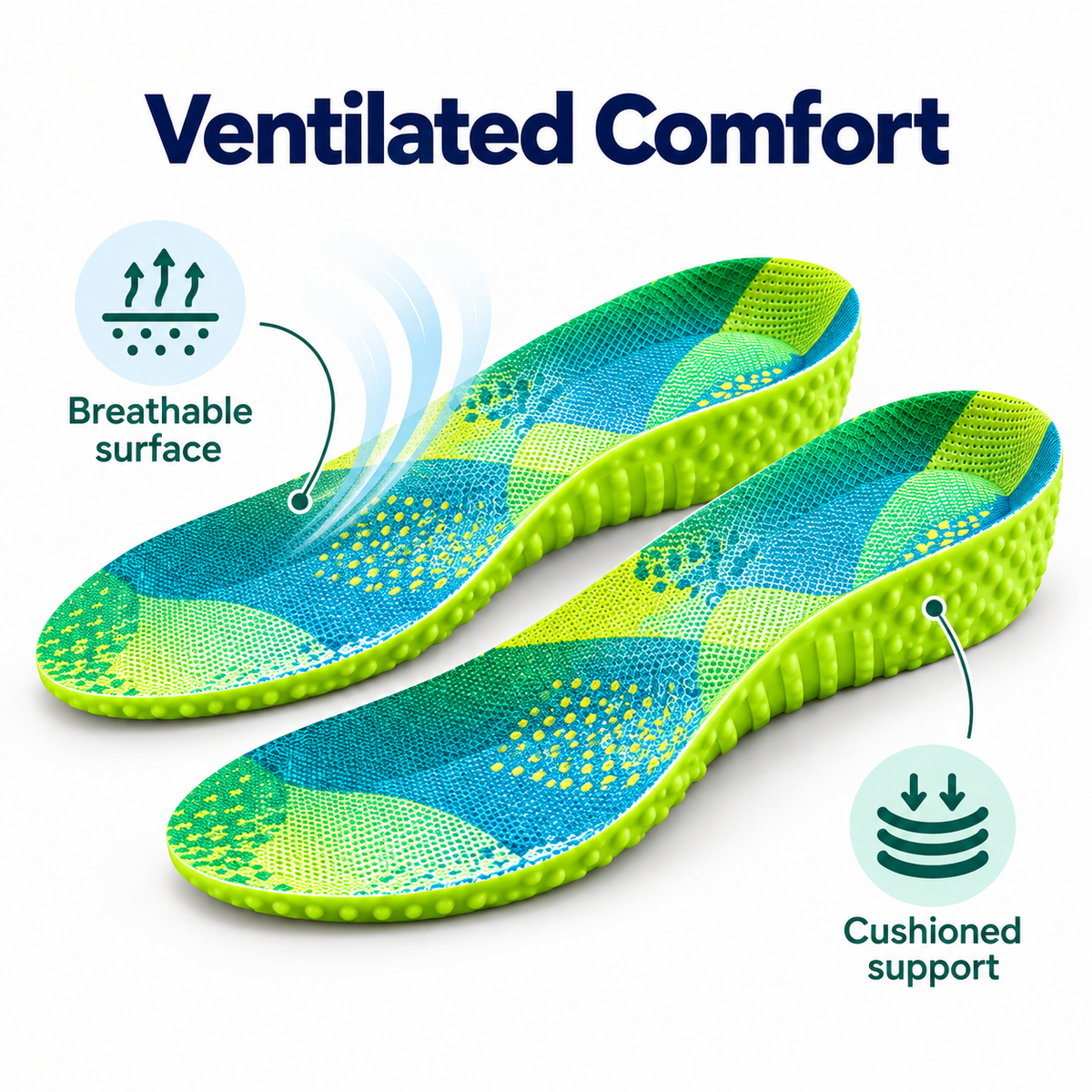 Ventilated Comfort green EVA sport insoles with breathable surface and cushioned support