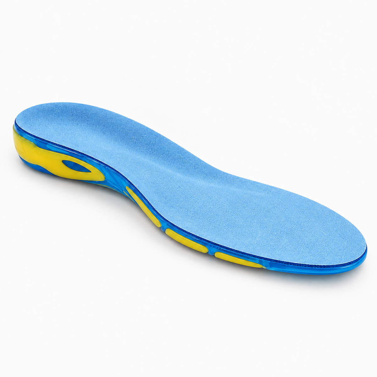 Blue gel insole for plantar fasciitis and heel support, premium product angle
