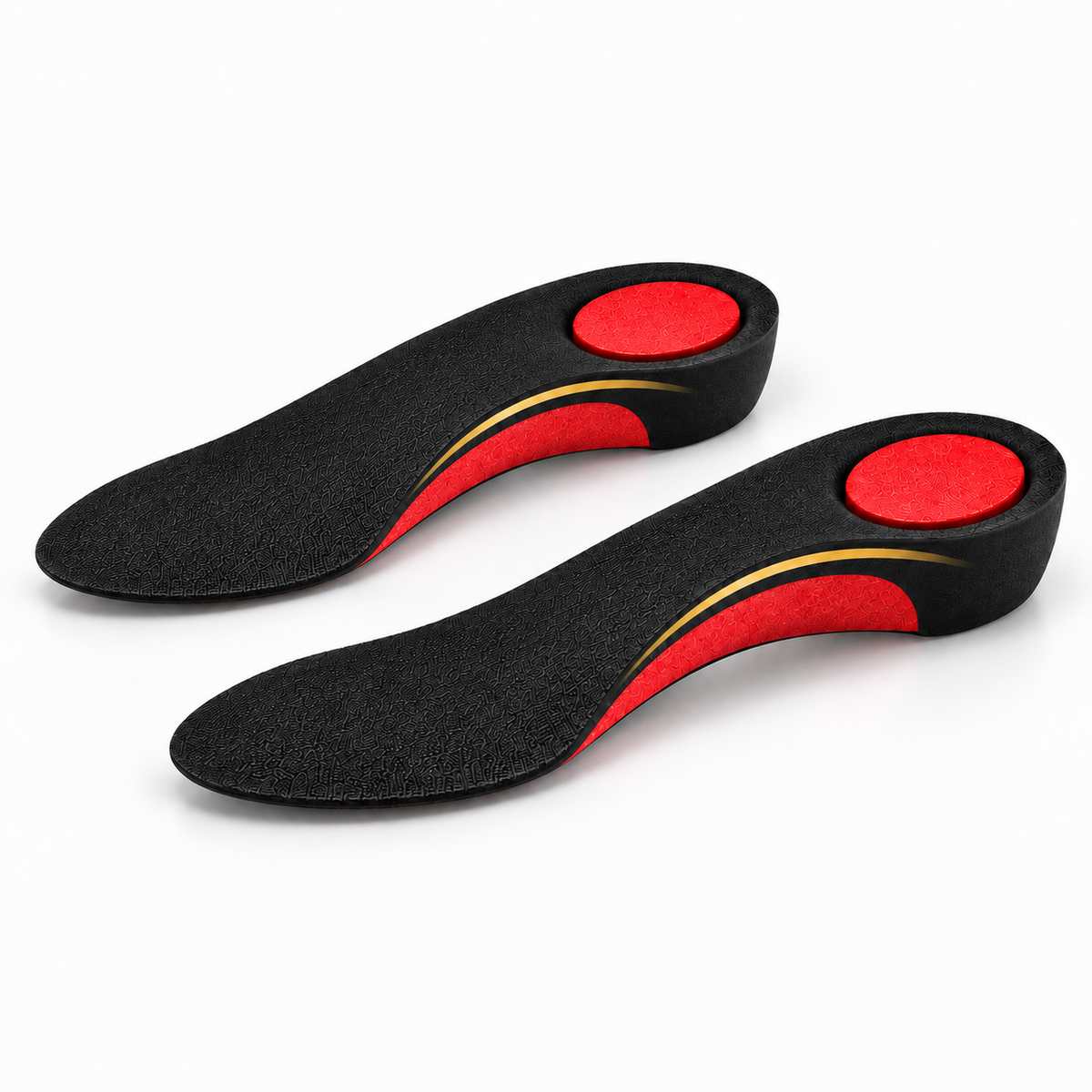Pair of black 3/4 orthotic arch insoles with red side support and heel cushioning
