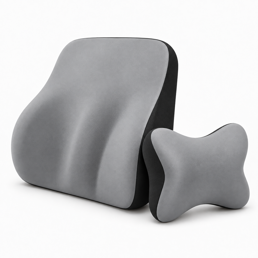 Grey memory foam car lumbar support cushion and neck pillow set in product view without branding