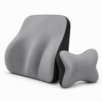 Grey memory foam car lumbar support cushion and neck pillow set in product view without branding