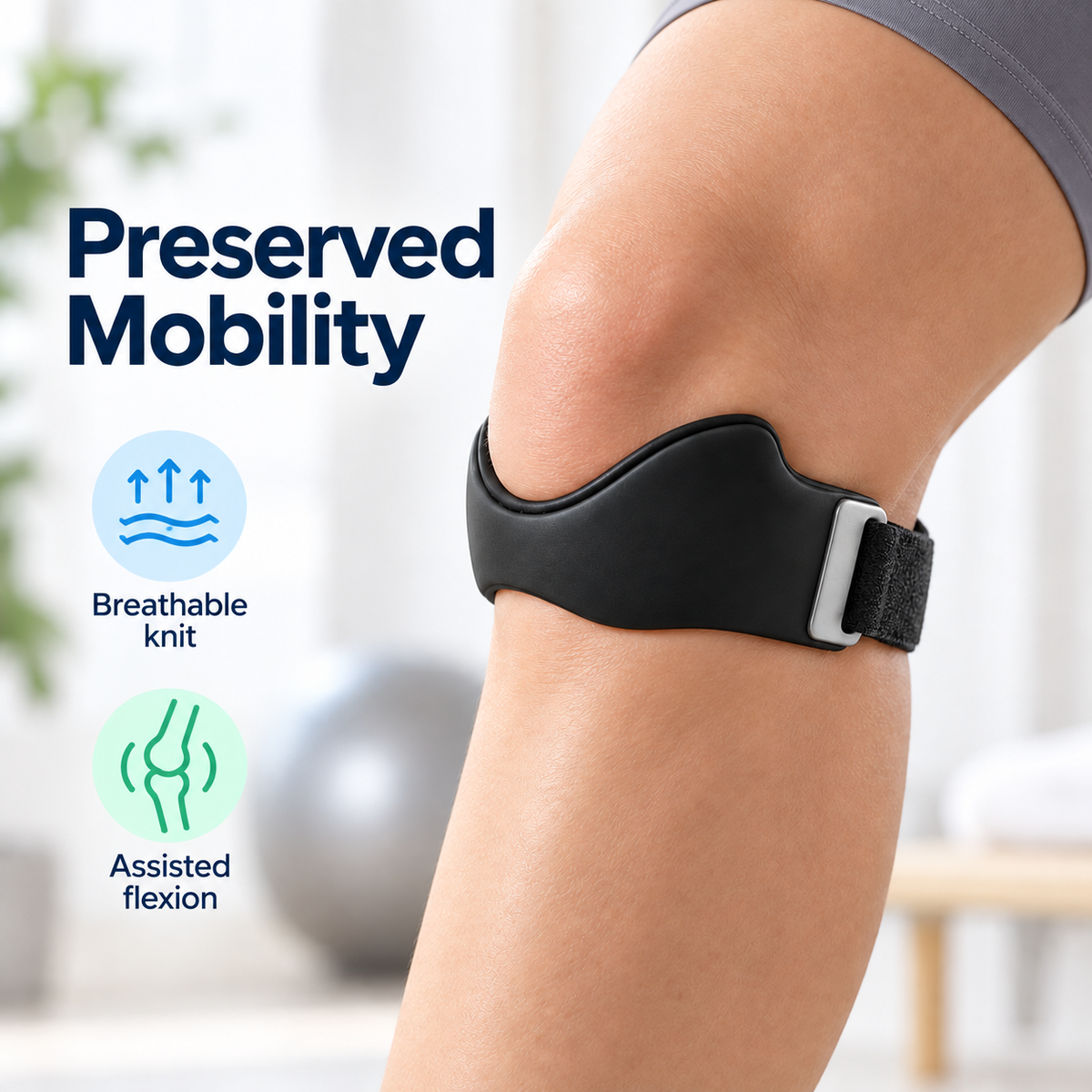 Elastic patella knee band supporting preserved mobility and assisted knee flexion