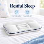 White children cervical pillow on bed with restful sleep, cervical cradle and balanced hold icons