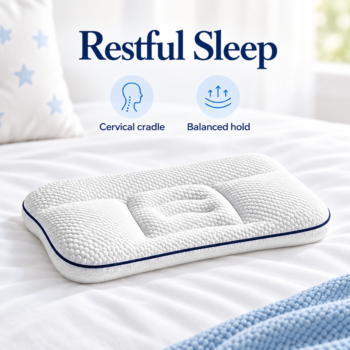 White children cervical pillow on bed with restful sleep, cervical cradle and balanced hold icons