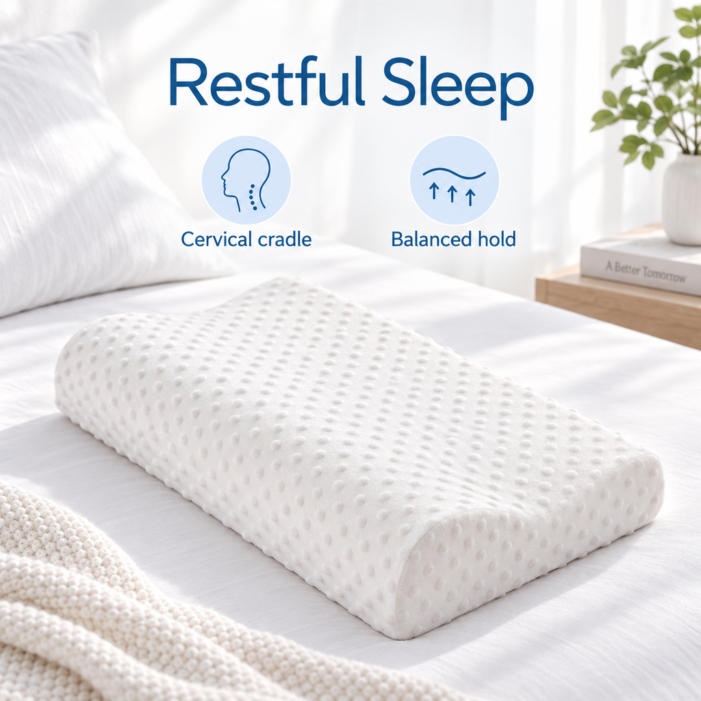 White cervical pillow on bed with restful sleep, cervical cradle and balanced hold icons