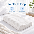 White cervical pillow on bed with restful sleep, cervical cradle and balanced hold icons
