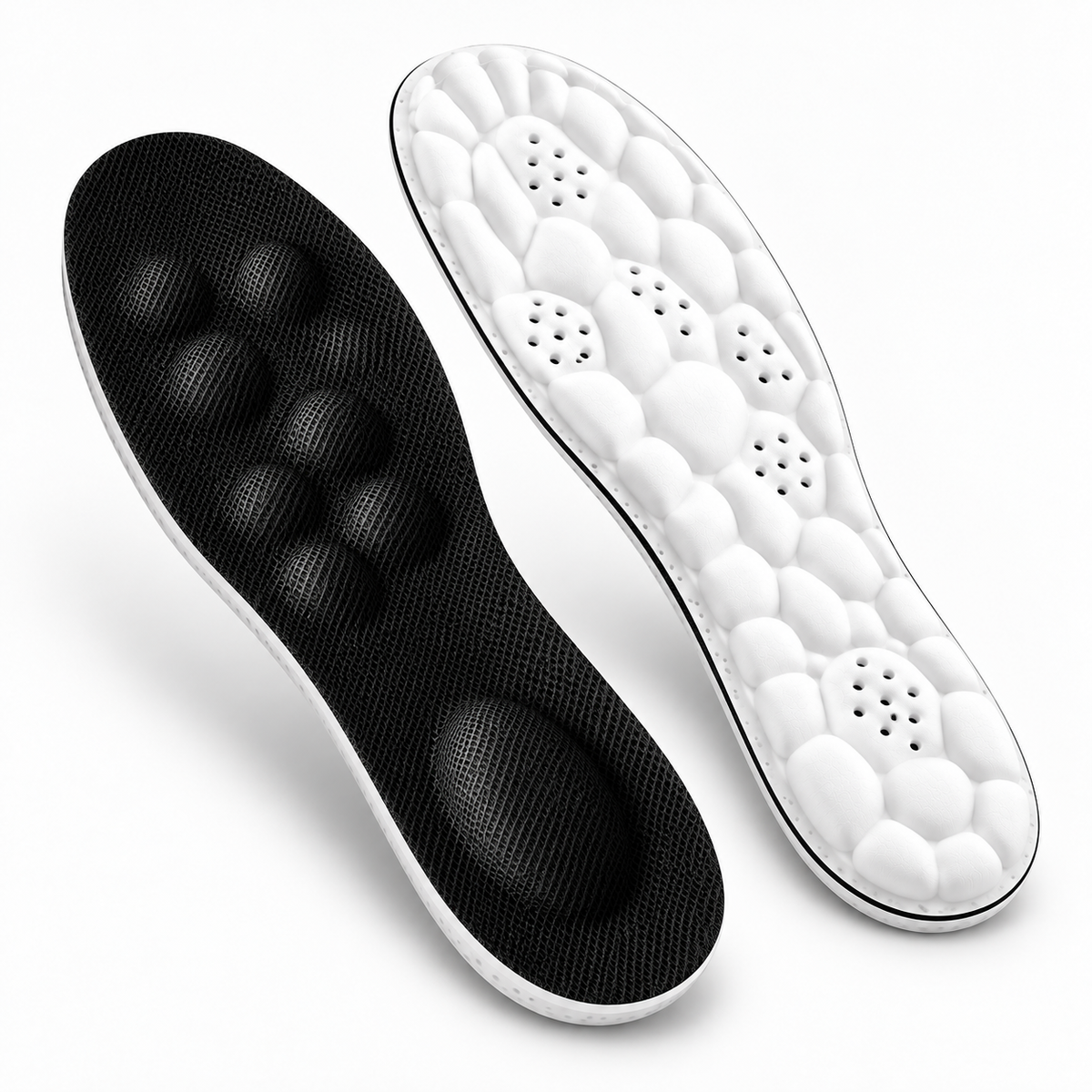 Black Upgrade massage arch support insoles shown from a premium three quarter product angle