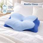 Blue cervical support pillow for restful sleep with cervical cradle and balanced hold