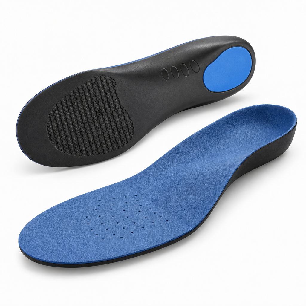 Blue orthotic arch support insoles shown from a premium three quarter product angle