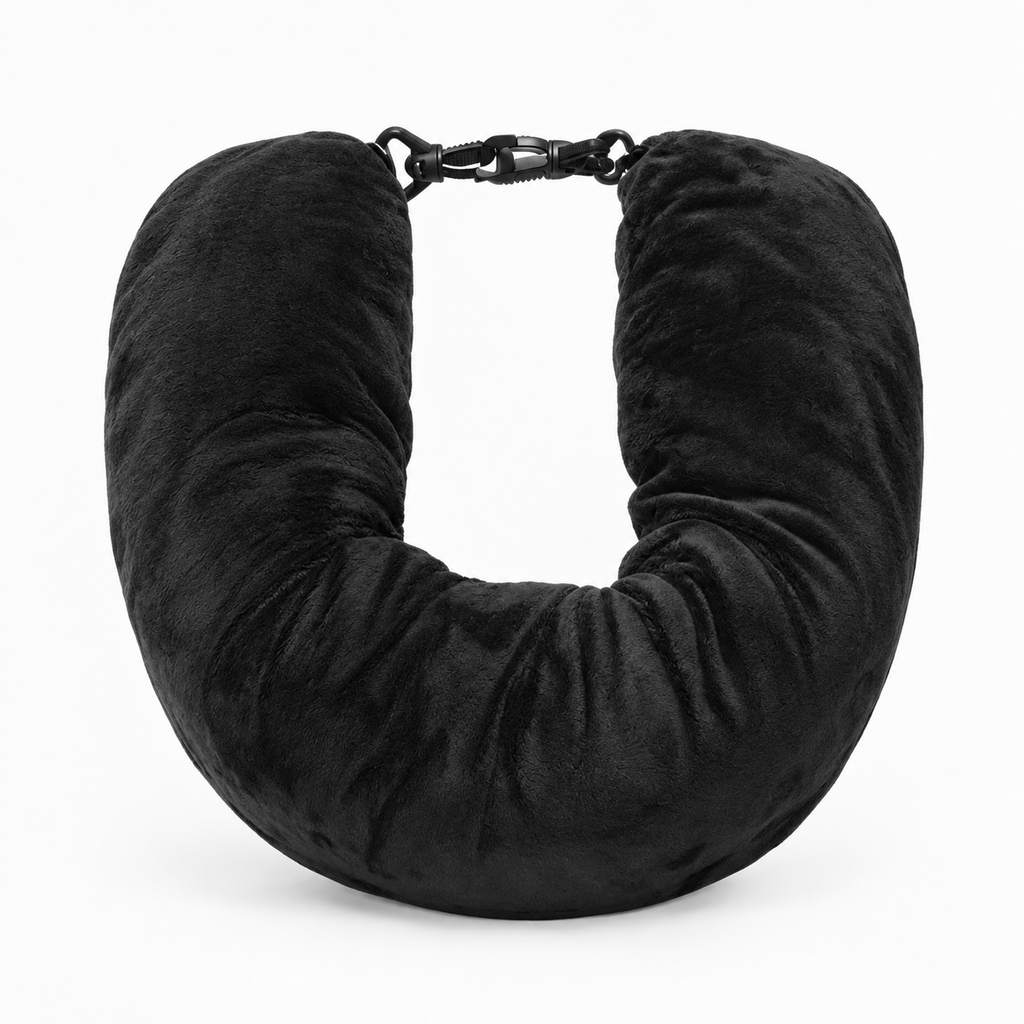 Black fillable travel neck pillow for flights and car trips - soft U shaped support pillow