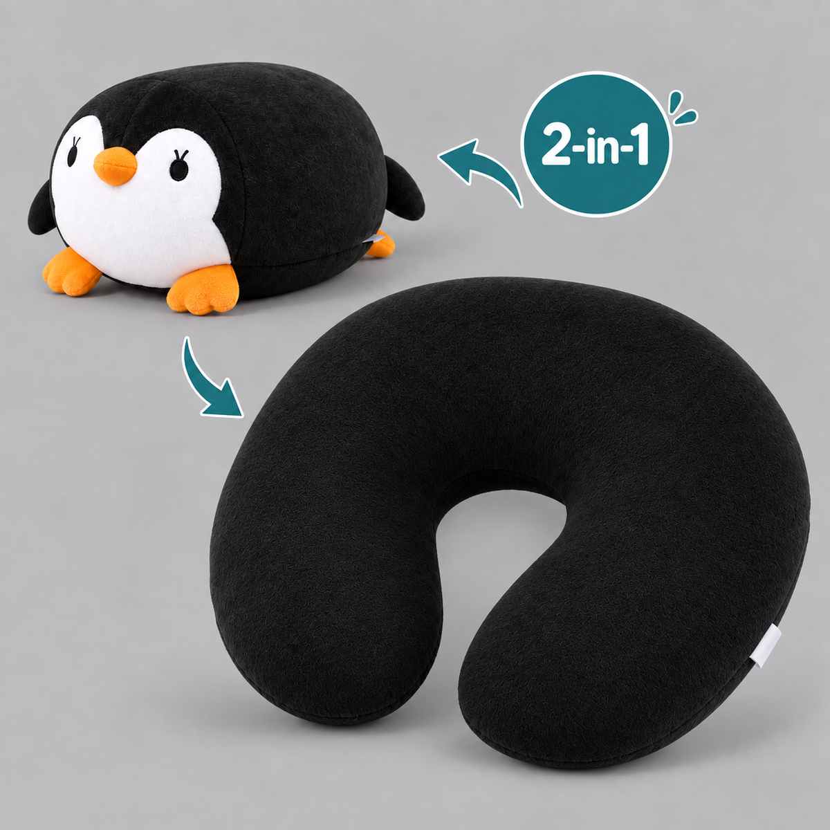 Plush U Shaped Travel Pillow for Head and Neck Support - Black Penguin L 2-in-1 product image