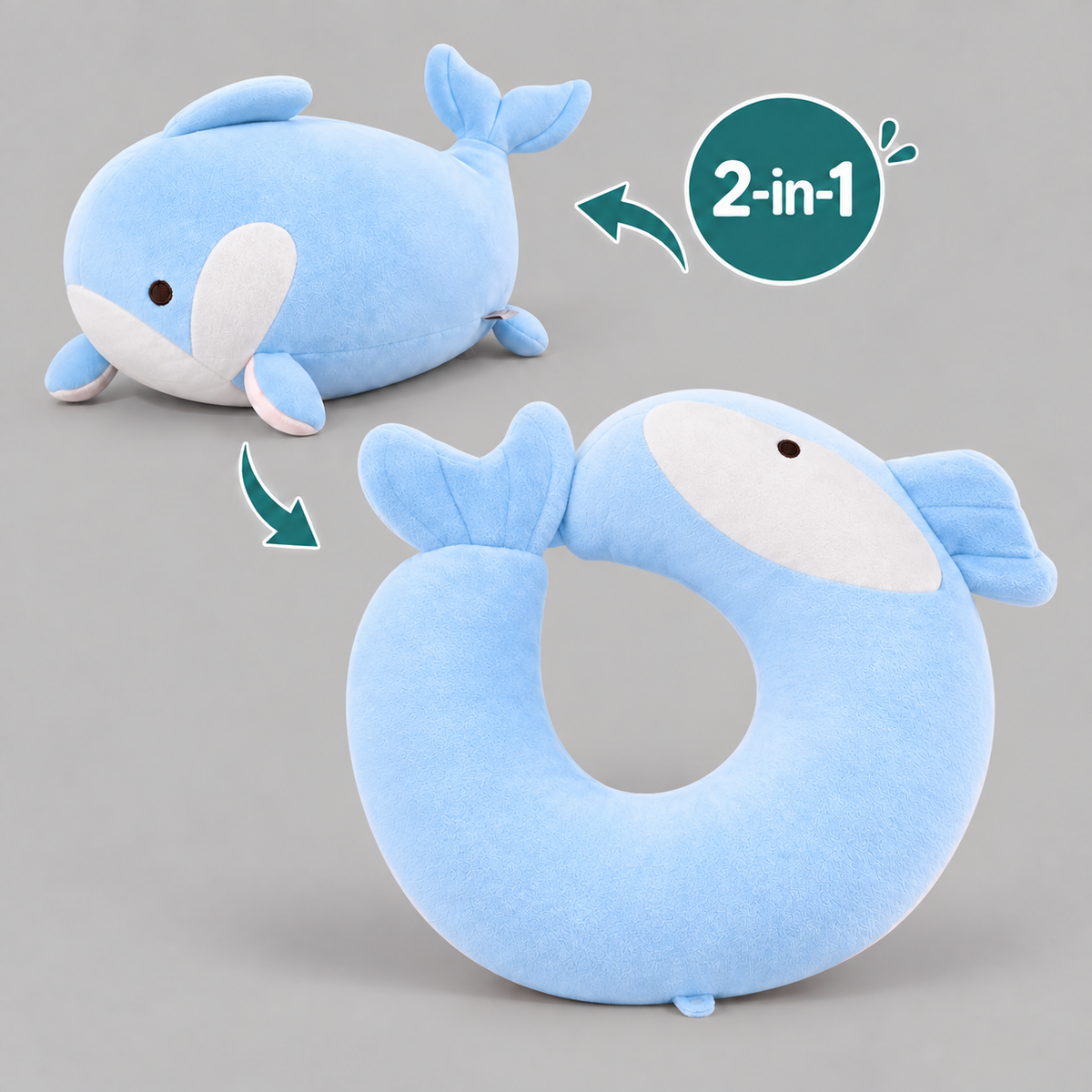 Plush U Shaped Travel Pillow for Head and Neck Support - Blue Whale L 2-in-1 product image