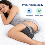 Preserved mobility visual showing dark gray knee pillow positioned between legs for side sleeping comfort