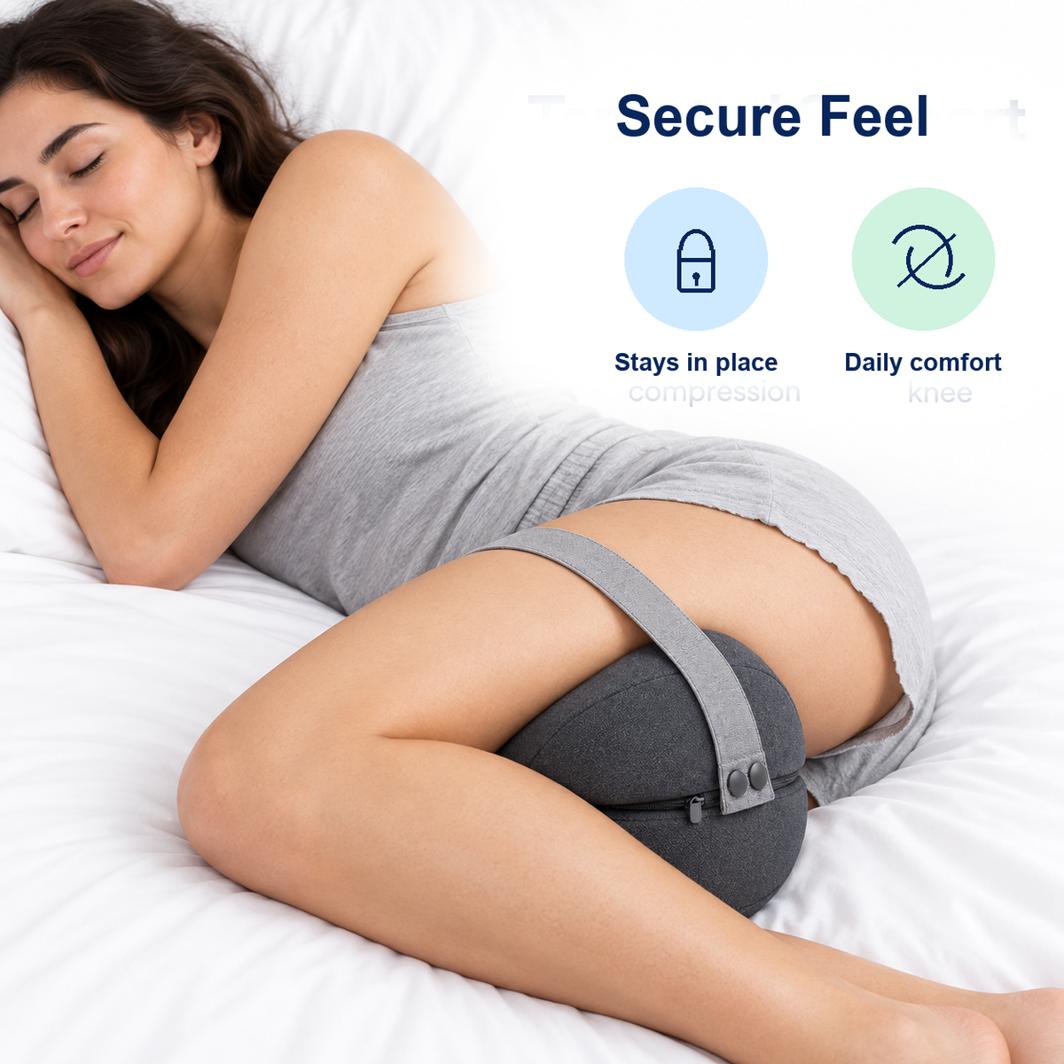 Secure feel visual showing dark gray knee pillow held in place by elastic strap around upper leg