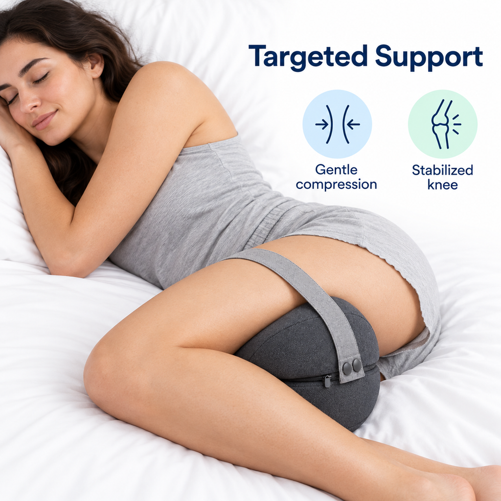 Targeted support visual showing dark gray knee pillow groove positioned between legs with upper thigh strap