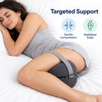 Targeted support visual showing dark gray knee pillow groove positioned between legs with upper thigh strap