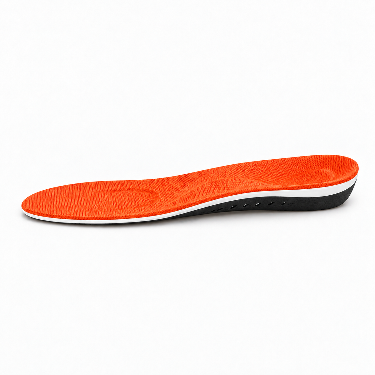 Orange cushioned arch support insole side profile with black bottom layer and white midsole