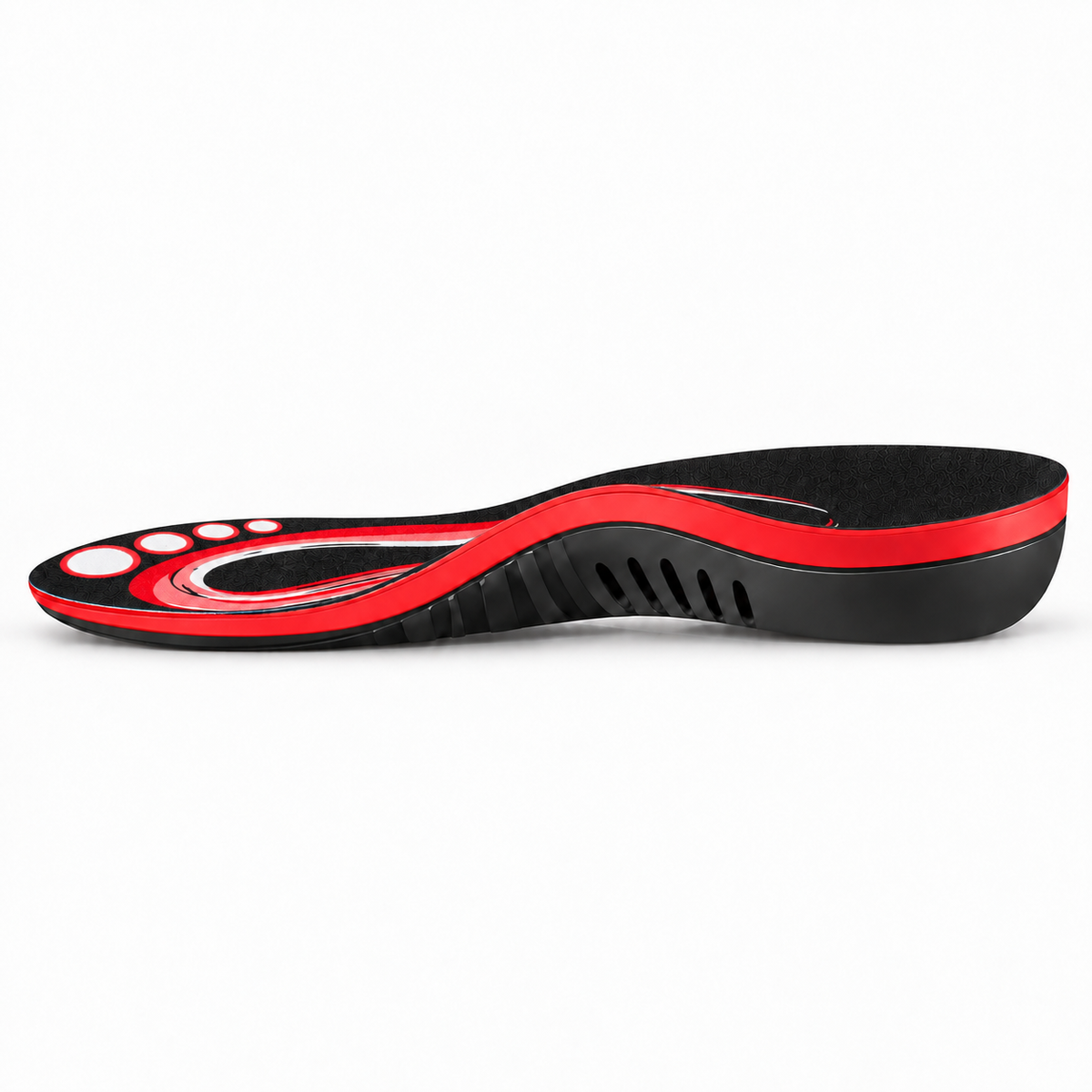 Red and black gel arch support insole with white toe-area pads and progressive heel lift